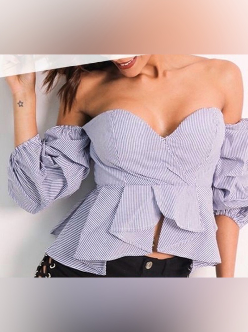 Gracia Light Blue & White Strapless Peplum Top